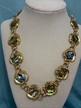 Vintage Abalone Collar Link Necklace ~ Textured Gold-Tone Leaves
